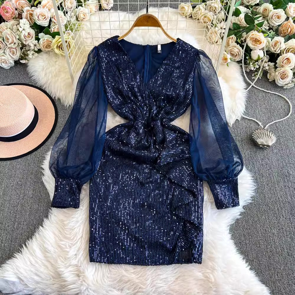 [READY STOCK] LD 80-98 Nayera Sequin Party Mini Dress V-NECK Ruffle Pesta Korea Wanita Korean Style Fairlady_id 12