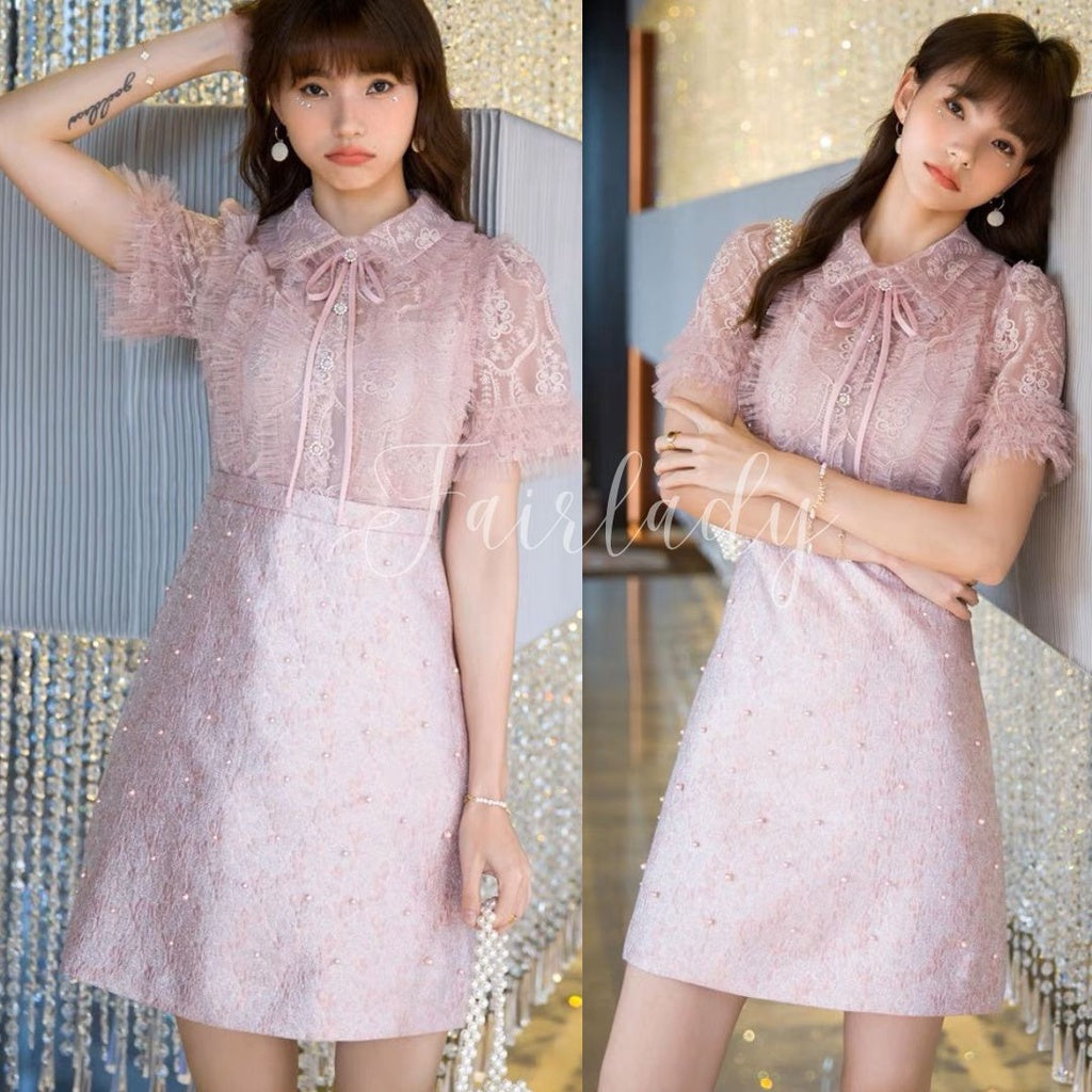 [READY] LD 86-98 Roxie Pink Jacquard Pearl Brukat Lace Dress Pesta Wanita Korean Style Fairlady_id