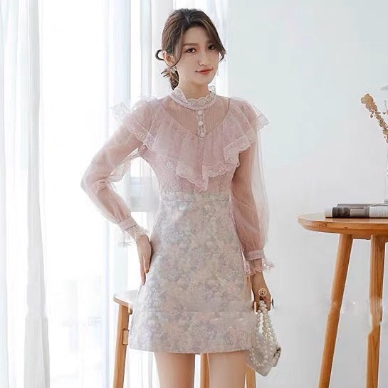 [READY] LD 96 Mirabelle Pink Jacquard Brukat Lace Dress