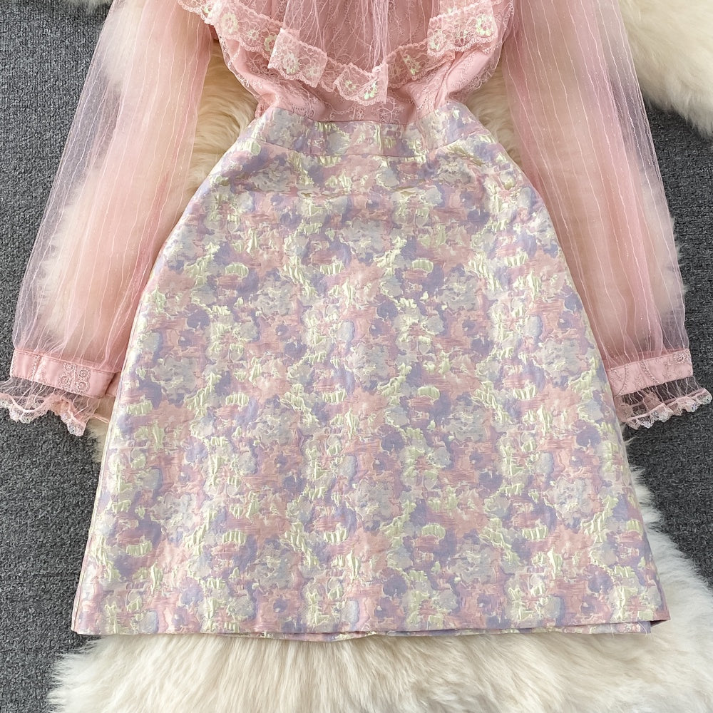 [READY] LD 96 Mirabelle Pink Jacquard Brukat Lace Dress