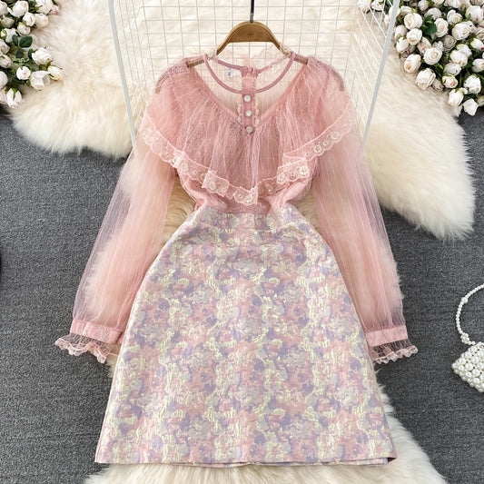 [READY] LD 96 Mirabelle Pink Jacquard Brukat Lace Dress